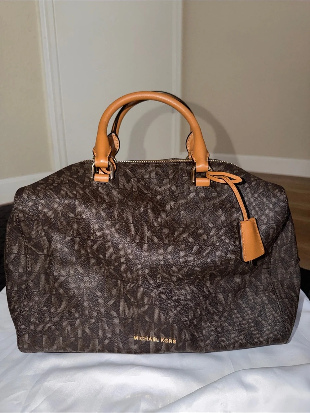 Michael Kors Brown MK Monogram Bag with Tan Leather Trim